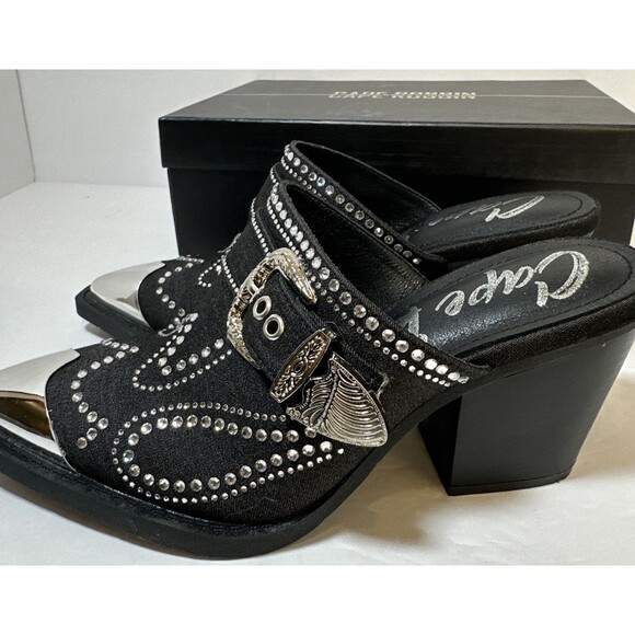 CAPE ROBBIN Women's Black Viv Rhinestone Denim Buckle Pointed-Toe Heels SZ 8 - Picture 4 of 16